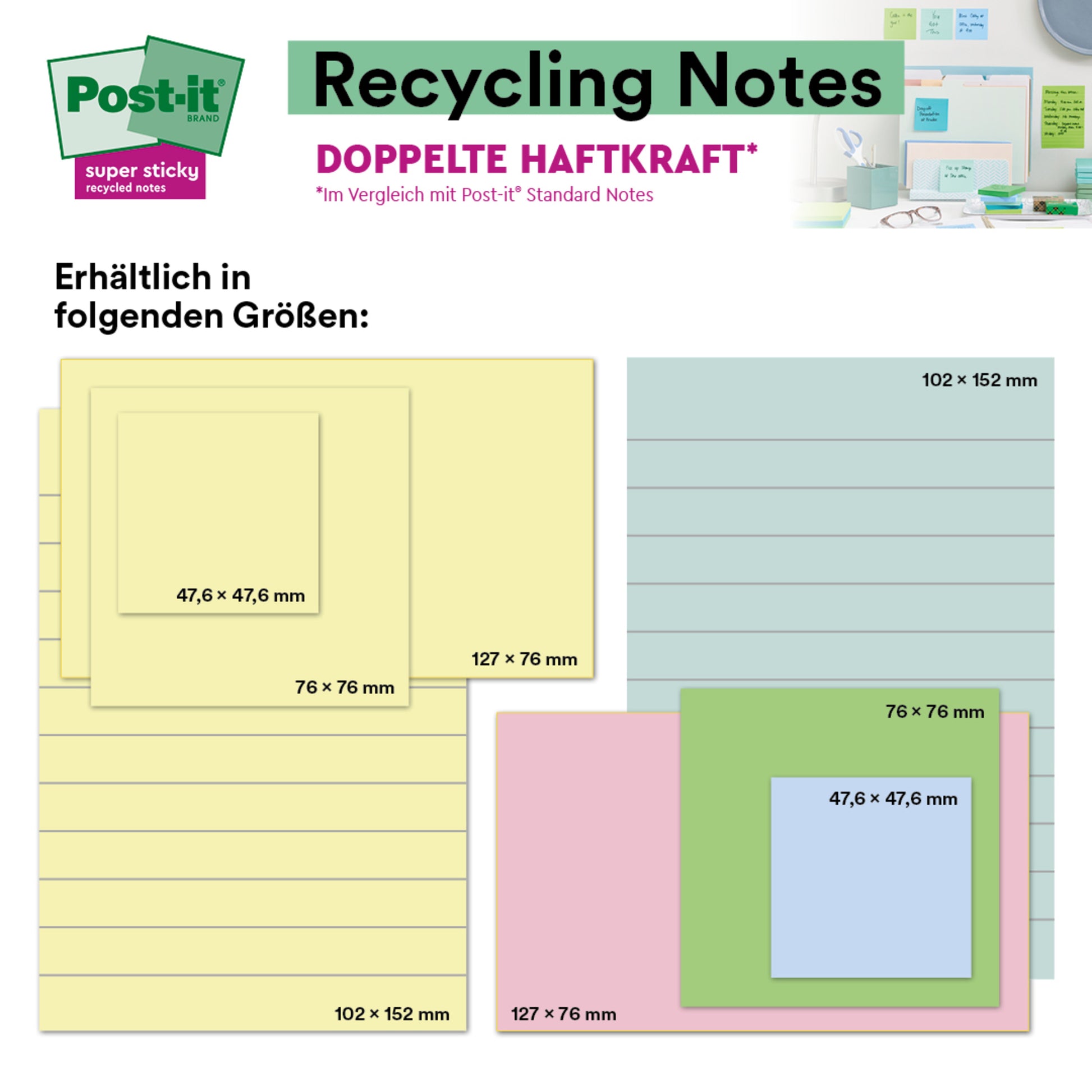 Das Bild zeigt Post-it® Super Sticky 100% Recycling Notes (47,6 x 47,6 mm, 70 Blatt/Block, PEFC-zertifiziert) von 3M Deutschland GmbH in Pastellfarben, mit einem kleinen Foto, das sie an einer Wand und auf einem Schreibtisch zeigt.