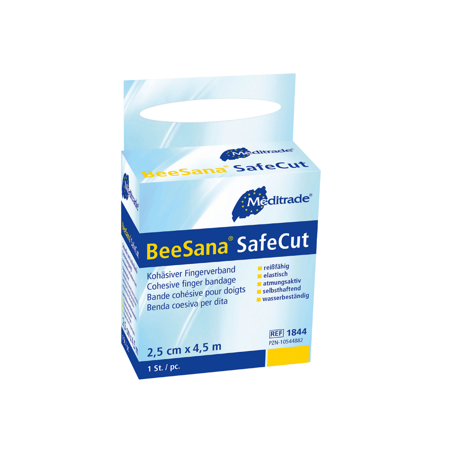 Auf einem blau-weißen Karton der Meditrade GmbH mit der Aufschrift „Auslaufartikel: BeeSana® SafeCut Fingerpflasterverband“ (150 Stück) sind Produktdetails, Größe (2,5 cm x 4,5 m) und wichtige Merkmale zur Anwendung als Fingerpflaster in mehreren Sprachen abgebildet.