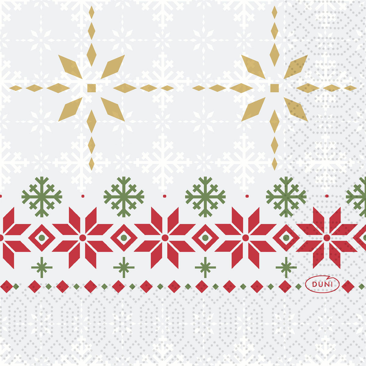 Die Duni GmbH Servietten 24x24 3lagig Tradition zeigen goldene und weiße Schneeflocken auf hellem Grund, umrandet von roten und grünen geometrischen Akzenten, mit dem Duni-Logo unten rechts. Packung: 50 Stück.
