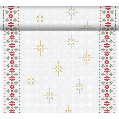 Das Dunicel-Tete a Tete 0,4x24m von Duni GmbH zeigt goldene Schneeflocken in der Mitte, rote und grüne Blumenbordüren und einen dezenten weißen Schneeflockenhintergrund - perfekt als eleganter Tischläufer oder Tischdekoration.