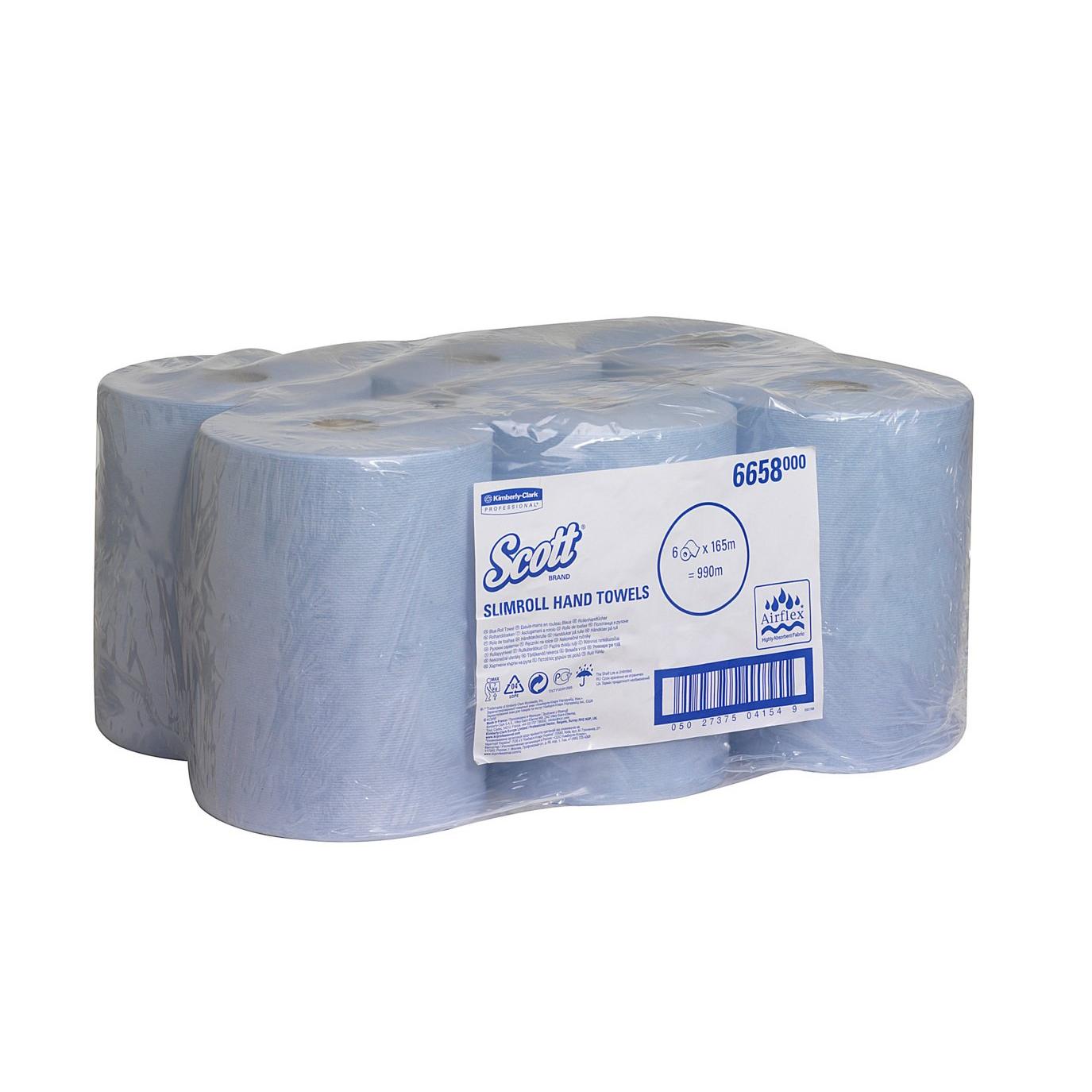 Eine Packung mit sechs Scott® Slimroll™ Handtüchern von Kimberly-Clark GmbH, platzsparende blaue Rollen in klarer Kunststoffhülle mit sichtbarem Produktetikett und Barcode auf der Vorderseite.