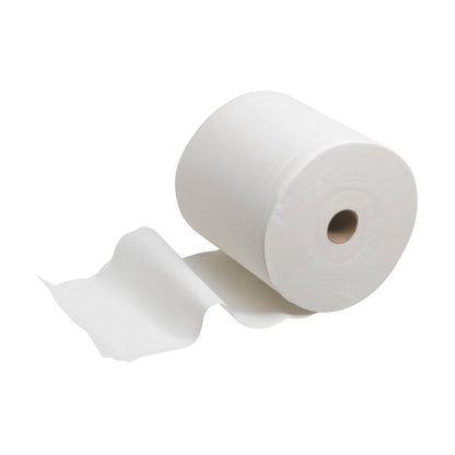 Eine einzelne Rolle Scott® PERFORMANCE Handtücher von Kimberly-Clark GmbH in Weiß, ideal für den hygienischen und umweltfreundlichen täglichen Gebrauch - 6 Rollen pro Karton, jede mit hoher Leistung und Nachhaltigkeit.