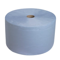 Die WypAll® L30 Großrolle von Kimberly-Clark GmbH in Blau mit 750 Tüchern ist ideal für industrielle Reinigungsaufgaben, da sie besonders saugfähig ist. Präsentiert auf weißem Hintergrund.