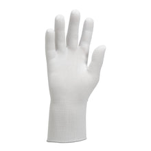 Ein einzelner KleenGuard® G35 Nylon-Handschuh (24 cm, beidhändig tragbar) von Kimberly-Clark GmbH wird aufrecht mit ausgestreckten Fingern auf weißem Hintergrund gezeigt. Der weiße Schutzhandschuh hat glatte Oberfläche und elastischen Bund.