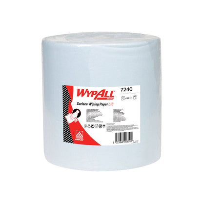 Das WypAll® L10 Papierwischtuch für Oberflächen Großrolle von Kimberly-Clark GmbH (38,00 cm x 32,50 cm) ist extra breit und in klarer Folie verpackt; das weiße und rote Etikett zeigt Produktinfos und Symbole zur Oberflächenreinigung.