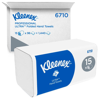 Die Kleenex® Ultra™ Falthandtücher der Kimberly-Clark GmbH enthalten 15 Packungen mit 96 weißen Falthandtüchern (insgesamt 1.440 Stück) in einer blau-weißen Verpackung für hygienisches Händetrocknen in jeder Umgebung.