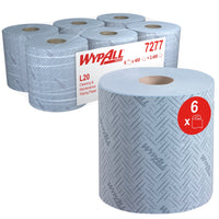 La photo représente six rouleaux de linges en papier Kimberly-Clark GmbH WypAll® L20, 2 couches, bleus, destinés aux travaux d'entretien (distribution centralisée), 400 feuilles par rouleau ; l'emballage porte la mention « 6 rouleaux ». On aperçoit un rouleau au premier plan.