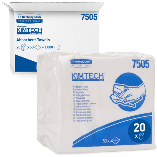 Eine Packung und eine Schachtel mit Kimberly-Clark GmbH Auslaufartikel: Kimtech® Saugfähige Pflegetücher (Weiß); jede Packung enthält 50 Blatt; die Schachtel enthält 20 Beutel x 50 Blatt, alle in Weiß mit blauen Etiketten und Produktinformation.