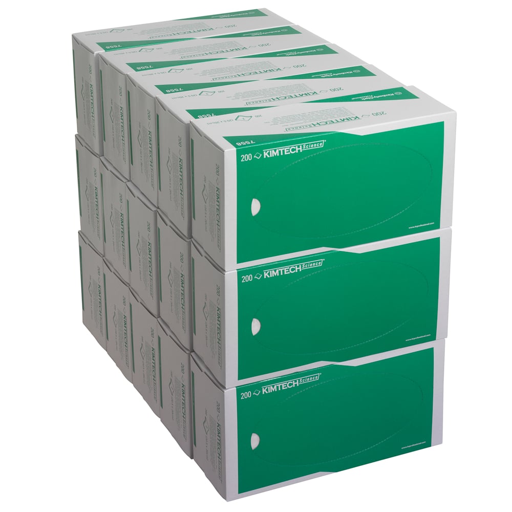 Ein Stapel von fünfzehn Schachteln Kimtech® Science Präzisionswischtücher von Kimberly-Clark mit jeweils 200 weißen Tüchern - ideal für die Reinigung empfindlicher Oberflächen. Insgesamt: 15 Kartons x 200 Blatt pro Karton.