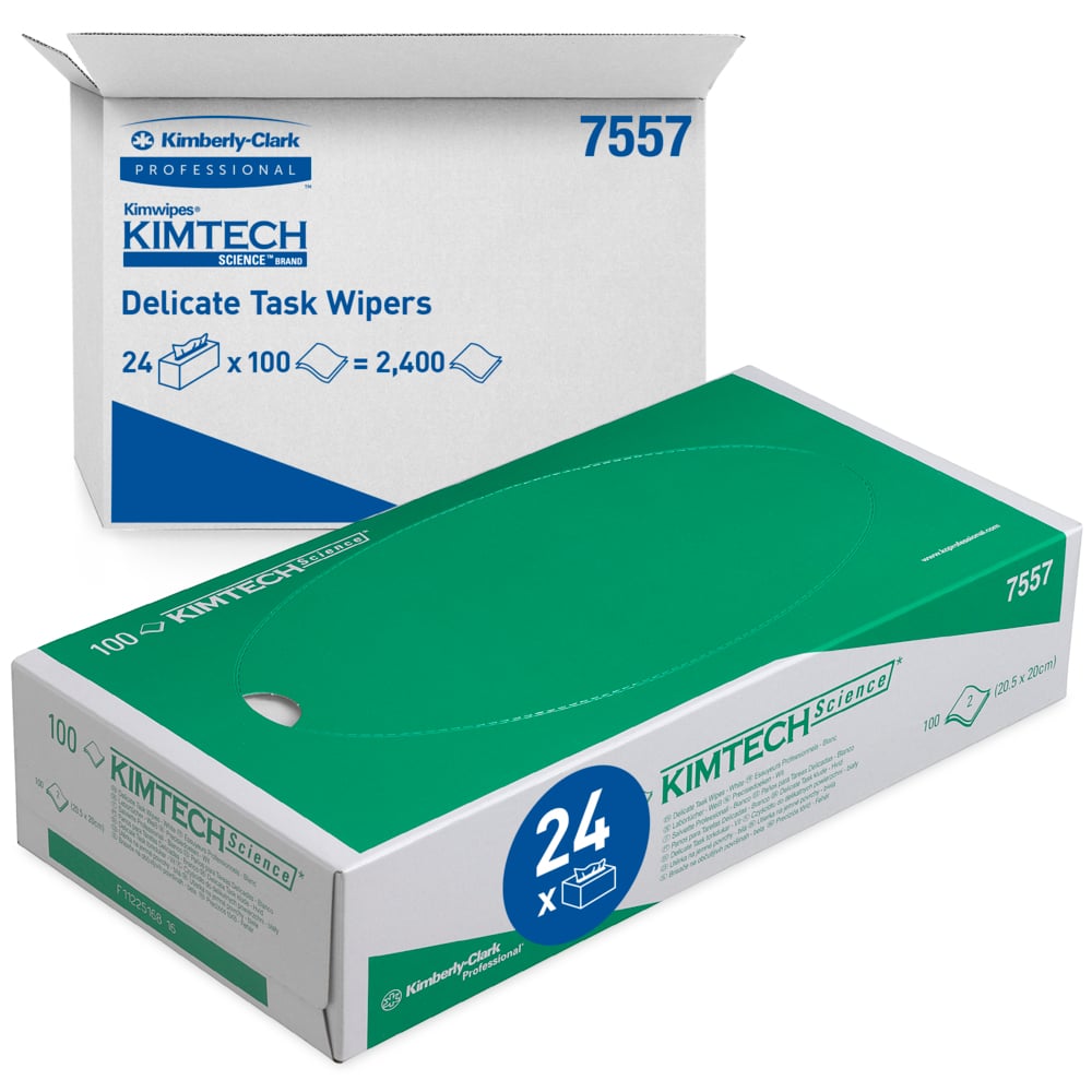 Abgebildet sind eine Schachtel und ein geöffneter Karton mit Kimtech® Science Präzisionswischtüchern der Kimberly-Clark GmbH: Die grüne Schachtel enthält 100 weiße 2-lagige Tücher, während der größere Karton 24 Schachteln mit je 100 Tüchern (insgesamt 2.400 Blatt) enthält.