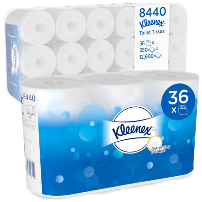 Un carton de Kimberly-Clark GmbH avec six paquets de papier toilette Kleenex®, chacun contenant 6 rouleaux blancs (350 feuilles par rouleau), soit un total de 36 rouleaux et 12 600 feuilles ; l'emballage est conçu en blanc et bleu.