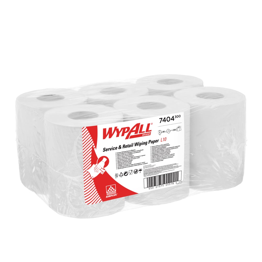 Ein Sechserpack WypAll® L10 Papierwischtuch von Kimberly-Clark GmbH, 6 Rollen à 390 Blatt für Zentralentnahme, ideal zur Reinigung im Service & Einzelhandel - weiß, im Karton mit Produktdetails.