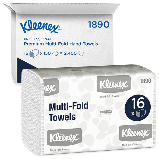 Kleenex® Handtücher - MultiFold / Weiß / Mittel von Kimberly-Clark GmbH: 16 Packungen x 150 Blatt (2.400 Tücher) im Karton, ideal für Waschräume. Weiße Verpackung mit blau-grauer Aufschrift.