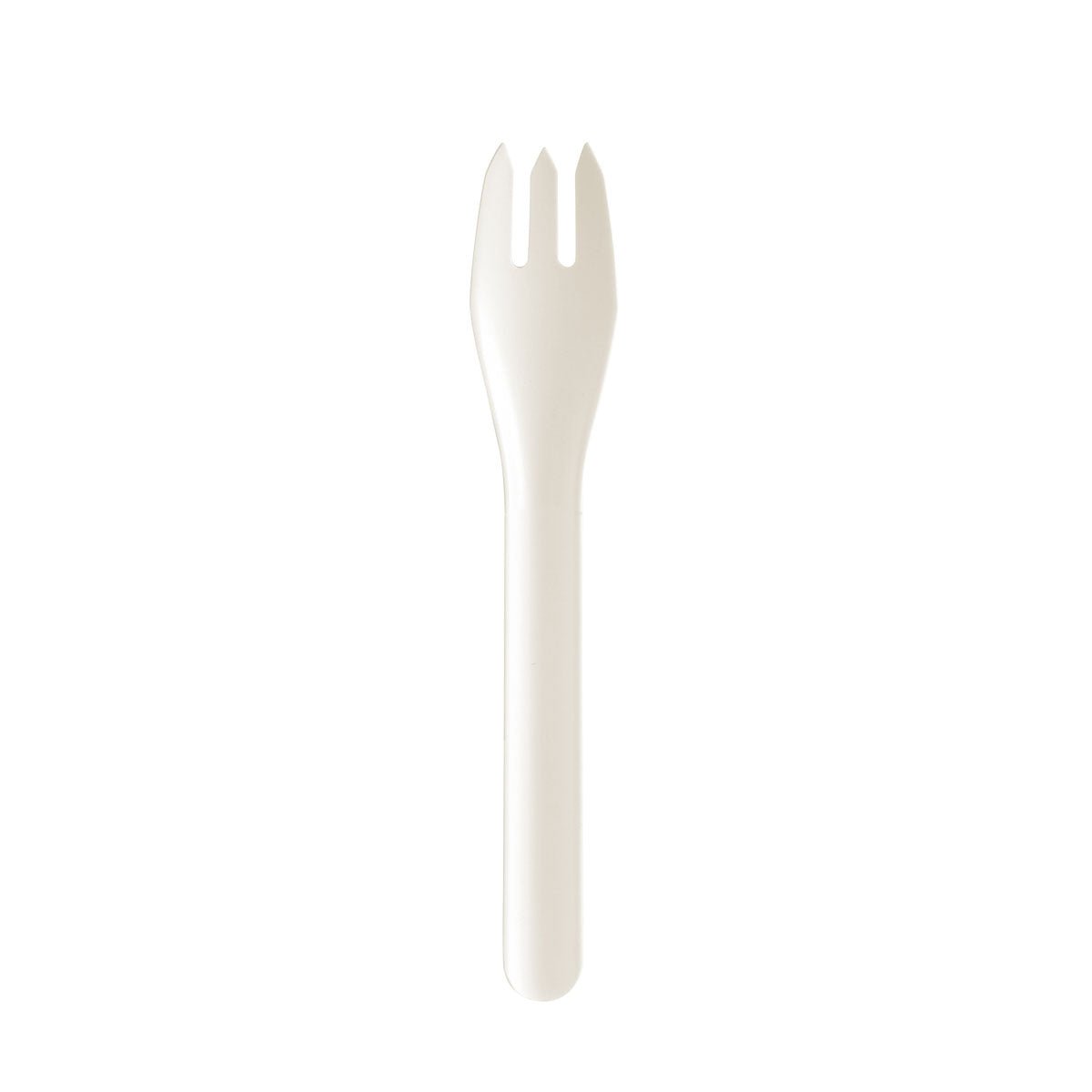 Une seule fourchette en fibre de papier PLUMA 160 mm blanche de Duni GmbH avec un manche blanc et trois dents se tient debout sur un fond blanc.