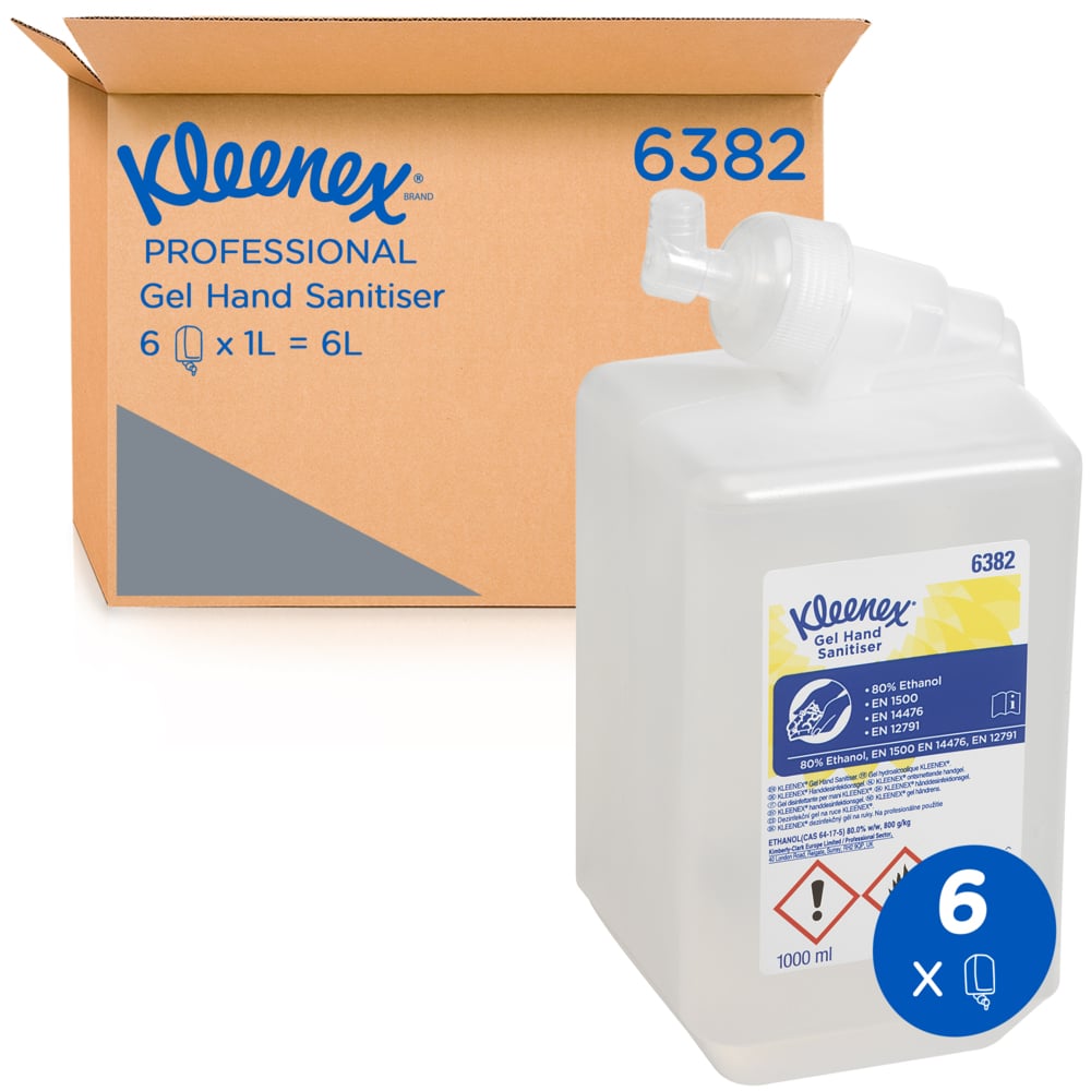 Une cassette de 1 litre de désinfectant pour les mains Kleenex® Extra Gel de Kimberly-Clark GmbH se tient devant un carton portant l'inscription "6 cartouches x 1 Ltr = 6L". Un symbole bleu met en évidence cet emballage de 6 cassettes pour une désinfection efficace des mains.
