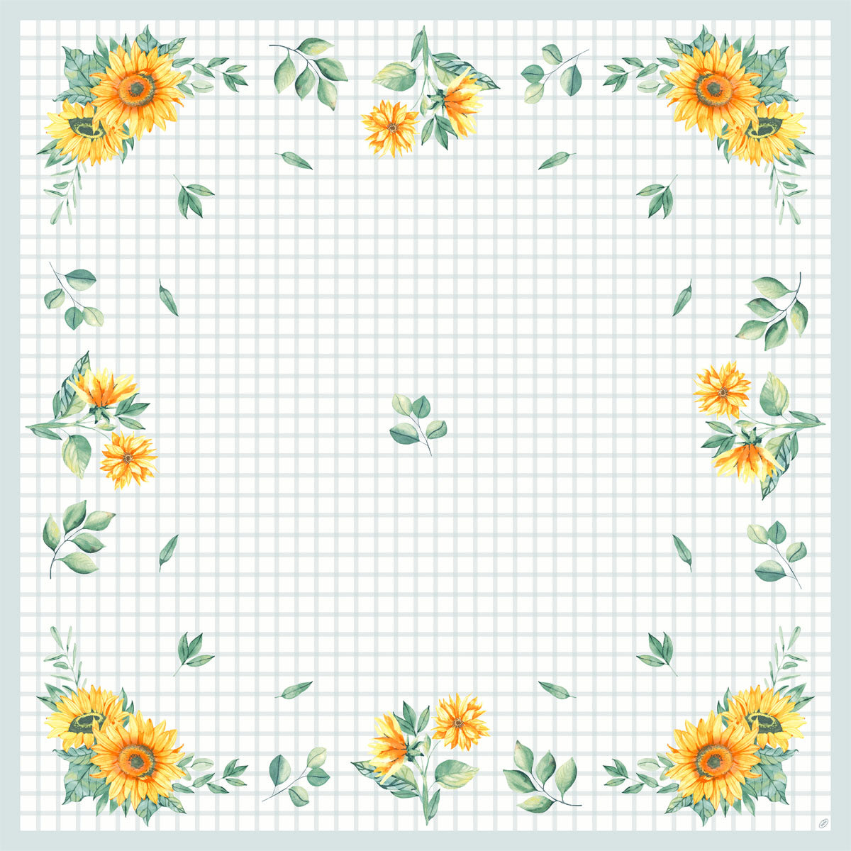 Das Dunicel-Mitteld.84x84 Sunflower day 20P. von Duni GmbH hat einen gitterförmigen Hintergrund mit gelben Sonnenblumen und grünen Blättern am Rand, die Ihrem Tisch einen festlichen Touch verleihen. Die Packung enthält 20 dekorative Tücher.