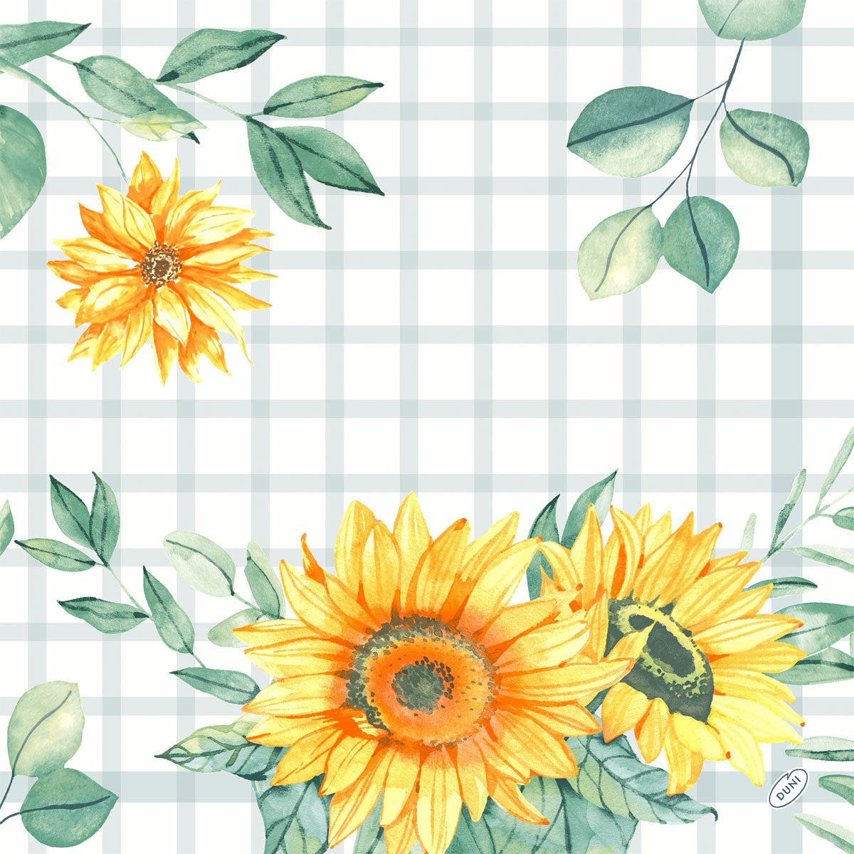 Classiques serviettes en papier de graines de tournesol, 40x40 cm de Duni GmbH avec des tournesols aquarelle et des feuilles vertes sur fond à carreaux bleu et blanc. Contient deux grandes fleurs, une petite fleur et des brindilles dispersées. Paquet de 50 pièces.