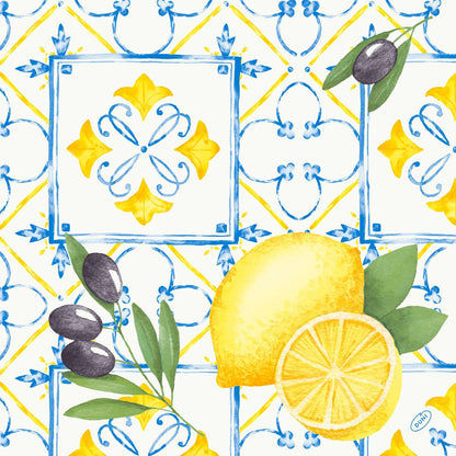 Un motif aquarelle sans couture avec des citrons, des tranches, des olives et des feuilles sur des carreaux géométriques bleu-jaune - idéal pour les serviettes Dunisoft 40 x 40 cm 1/4 pli de Duni GmbH.