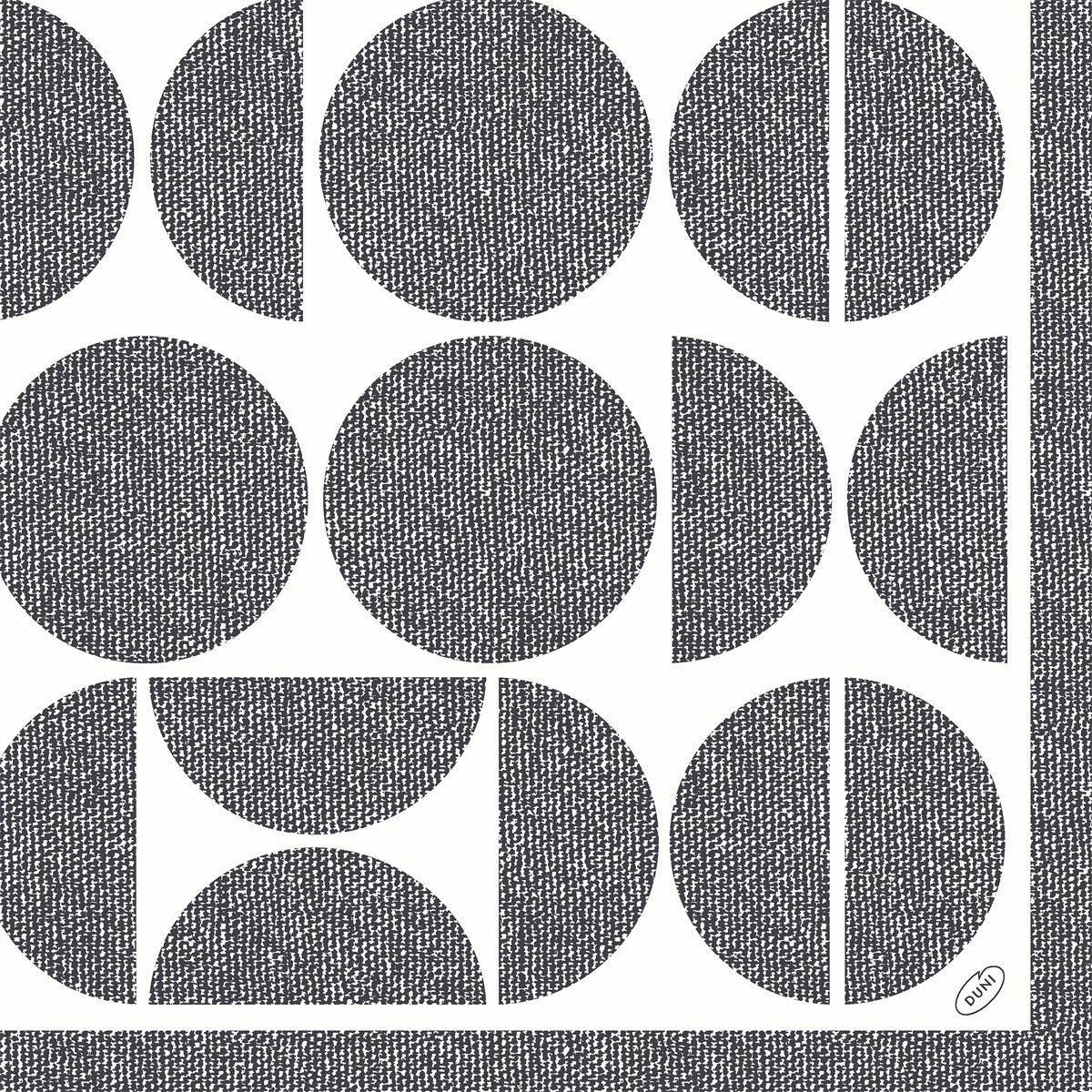 Un motif géométrique frappant de cercles et demi-cercles noirs avec hachures orne les serviettes Dunisoft 40 x 40 cm 1/4 pli de Duni GmbH, bordé de noir pour une touche moderne.
