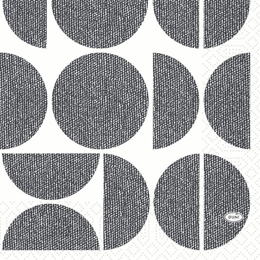Die Duni GmbH Zellt.Serv.33x33 3lg 1/4 Formen zeigt schwarze strukturierte Kreise, Halbkreise und Viertelkreise auf Weiß, ein gewebtes Design und ein ovales "DUNI"-Logo, vielseitig einsetzbar. Größe: 33x33 cm. Packung: 250 Servietten.