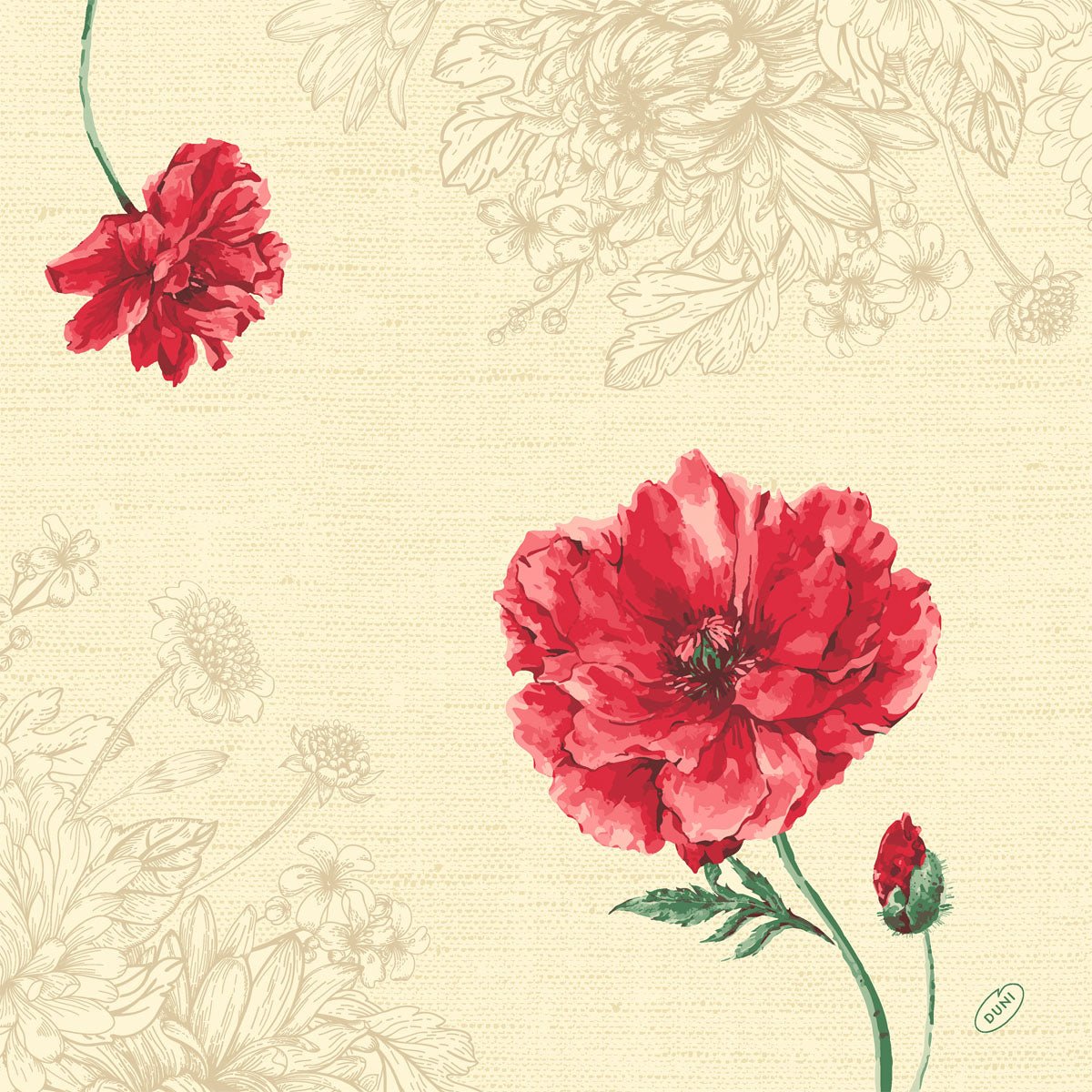Les serviettes Dunisoft 40 x 40 cm 1/4 pli de Duni GmbH présentent un fond beige avec des fleurs esquissées, deux fleurs rouge vif et un bouton sur une tige verte - parfait pour ajouter une touche d'élégance à toute table dressée.