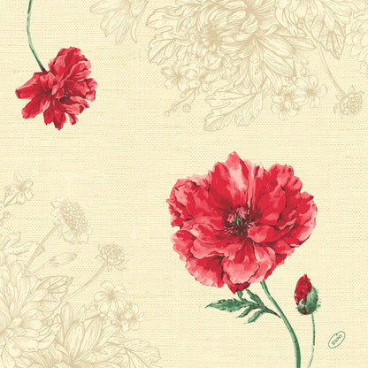 Les serviettes Dunisoft 40 x 40 cm 1/4 pli de Duni GmbH présentent un fond beige avec des fleurs esquissées, deux fleurs rouge vif et un bouton sur une tige verte - parfait pour ajouter une touche d'élégance à toute table dressée.
