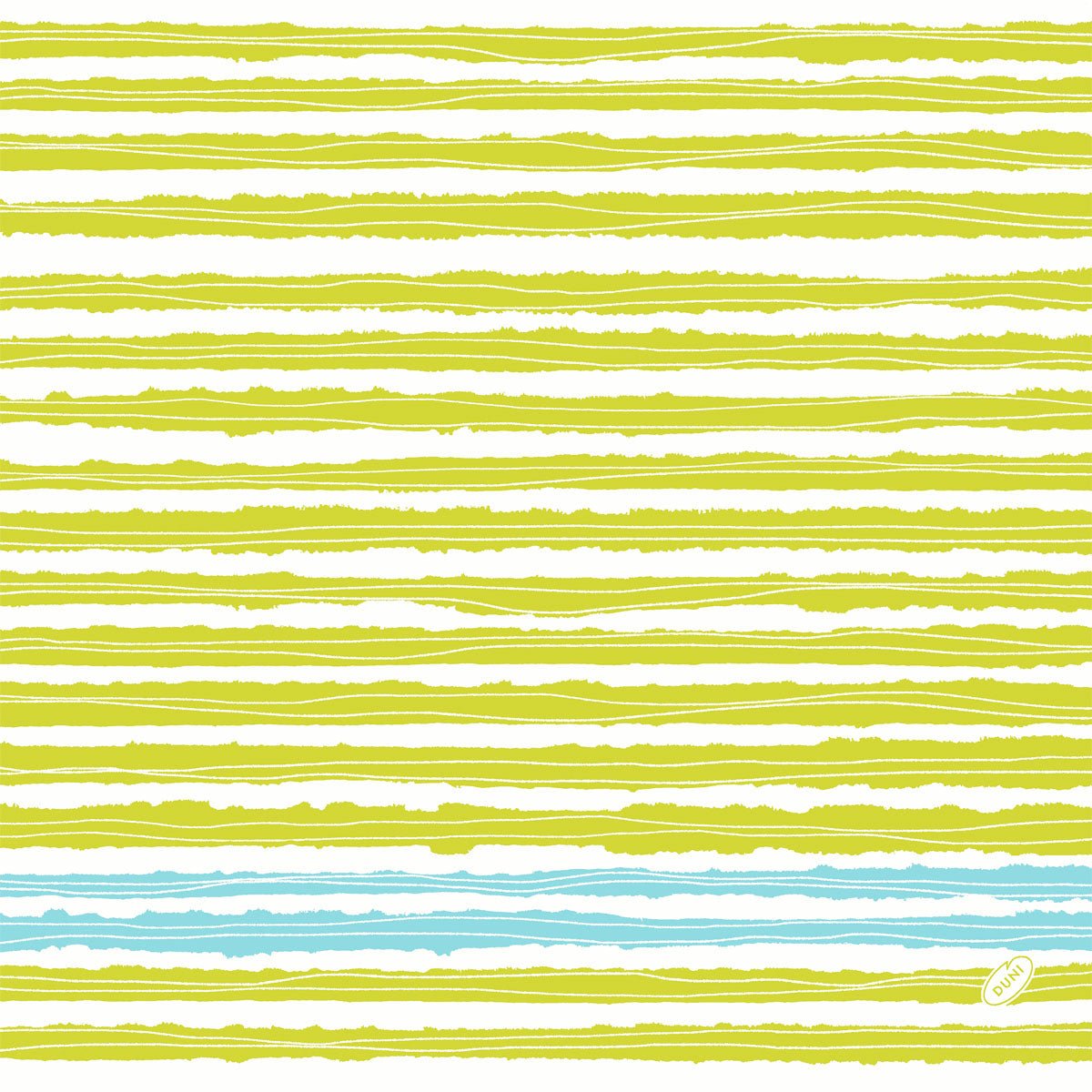 Un motif de lignes jaune-vert inégales sur fond blanc avec des accents bleus et une petite étiquette "Bonjour" - idéal pour les serviettes Dunisoft 40 x 40 cm 1/4 pli de Duni GmbH.