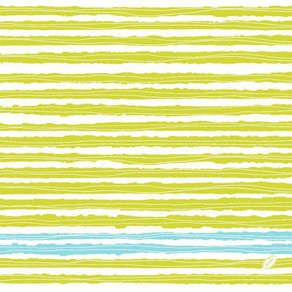 Un motif de lignes jaune-vert inégales sur fond blanc avec des accents bleus et une petite étiquette "Bonjour" - idéal pour les serviettes Dunisoft 40 x 40 cm 1/4 pli de Duni GmbH.