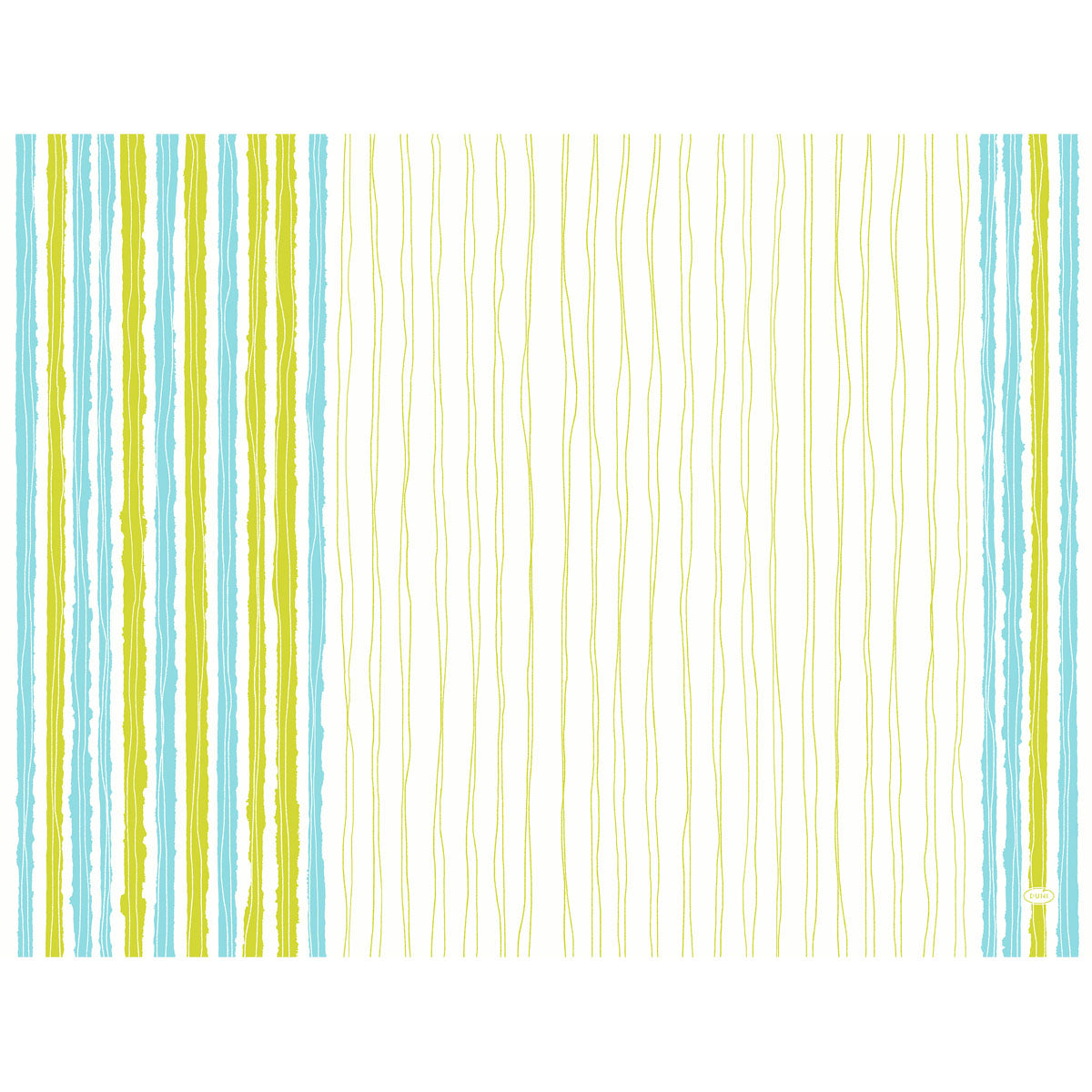 Un fond blanc avec des lignes ondulées verticales montre à gauche des bandes Elise bleu et vert vif, des lignes jaune-vert fines continues et en bas à droite un petit logo blanc - idéal comme sets de table en papier Elise Stripes 30x40 cm de Duni GmbH pour une décoration de table élégante (250 pièces).