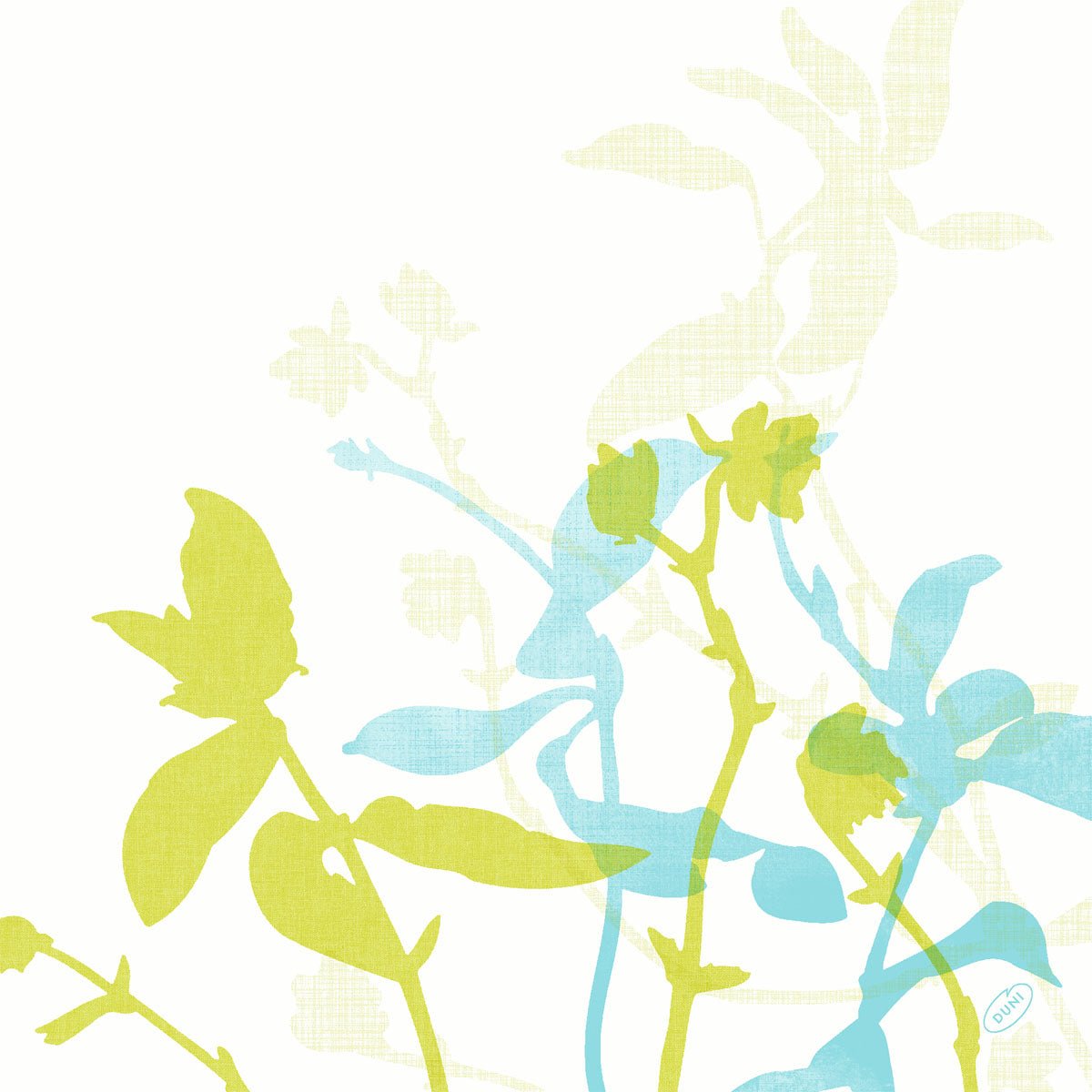Des tiges et des feuilles de plantes stylisées en vert, bleu et jaune clair se superposent sur fond blanc. Un petit détail de tampon bleu marque le bord inférieur droit - idéal pour les serviettes Dunisoft 40 x 40 cm 1/4 pli de Duni GmbH.