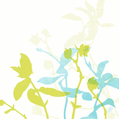 Des tiges et des feuilles de plantes stylisées en vert, bleu et jaune clair se superposent sur fond blanc. Un petit détail de tampon bleu marque le bord inférieur droit - idéal pour les serviettes Dunisoft 40 x 40 cm 1/4 pli de Duni GmbH.