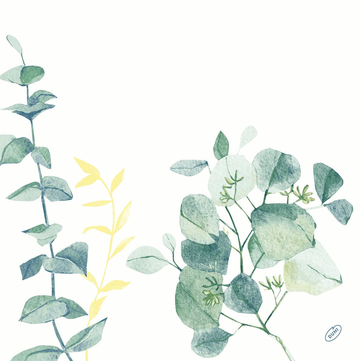 Une illustration botanique aquarelle avec des branches de feuilles vertes et jaunes sur fond blanc, idéale pour les serviettes Dunisoft 40 x 40 cm 1/4 pli de Duni GmbH.