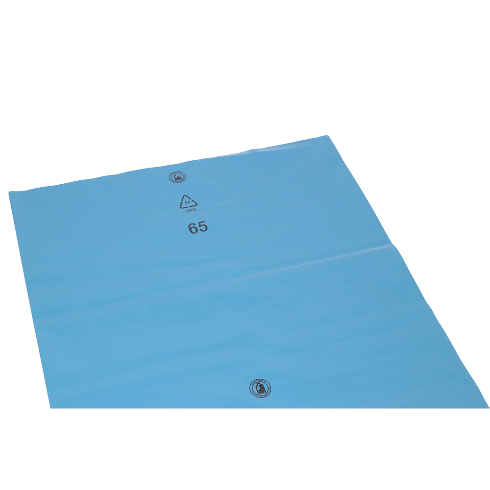 La feuille de plastique bleue DEISS 20260 (900x1200x0,08 mm) de EMIL DEISS KG (GmbH + Co.) est une feuille plate et rectangulaire avec des symboles de recyclage et "65" en noir, idéale pour la protection des surfaces dans l'industrie alimentaire. Livrée en cartons de 100 pièces.