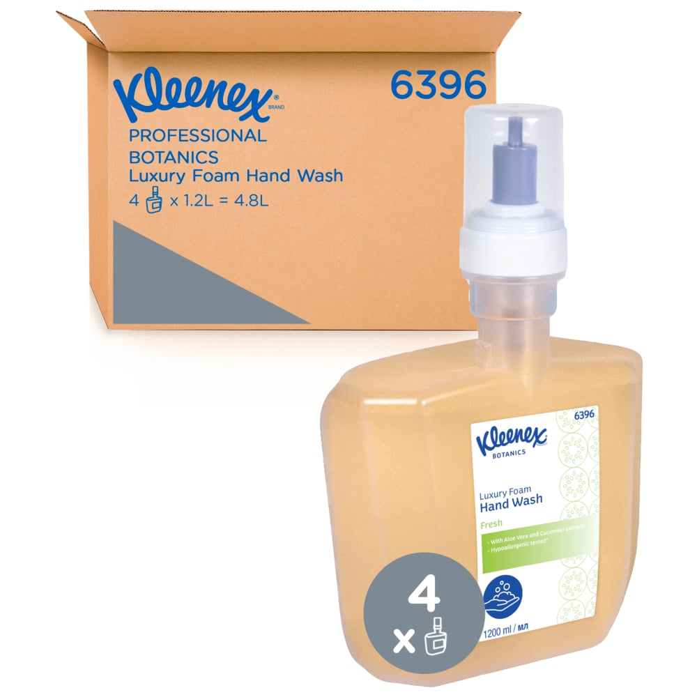 Une boîte de Kimberly-Clark GmbH avec l'inscription "Kleenex® Botanics™ Luxury Foam Hand Wash - Cassette de 1,2L / 4 Cassettes Électroniques" se tient avec un pack de recharge de 1,2L devant, tous deux portant le logo Kleenex® et les informations sur le produit.