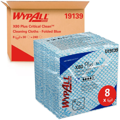 Un carton de Kimberly-Clark GmbH WypAll® X80 Plus Critical Clean, chiffons bleus pliés en quatre pour environnements critiques, contient 8 sacs de 30 feuilles chacun (un total de 240 lingettes de nettoyage).