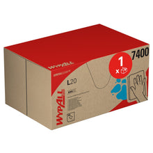Eine blaue WypAll® L20 General Clean BRAG™ Box der Kimberly-Clark GmbH mit Branding und Symbolen zeigt, dass sie 280 Reinigungstücher für den allgemeinen und industriellen Gebrauch enthält. Auf der rechten Seite der Schachtel ist das Bild einer Hand abgebildet, die eine Oberfläche abwischt.