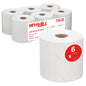 Abgebildet sind sechs Rollen WypAll® L10 Papierwischtuch von Kimberly-Clark GmbH für Service & Einzelhandel. Jede Rolle Centrefeed (38 x 18,3 cm) hat 500 Blatt, insgesamt 3.000 Blatt pro Packung - ideal für Reach+™ Spender.