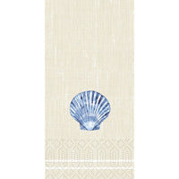 Un fond texturé de couleur beige, orné d'un coquillage bleu au centre, de lignes blanches et de touches de points – idéal pour les serviettes « Zellt.Serv » de la société Duni GmbH. 33 x 33 cm, 2 épaisseurs, 1/8 KF, Tide (300 serviettes par paquet).