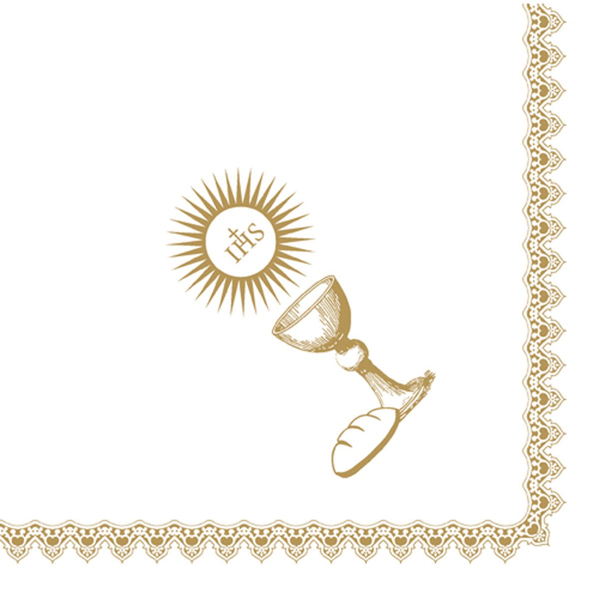 Un calice doré, une hostie avec IHS et du pain sont représentés à côté d'une bordure en dentelle sur fond blanc. Les serviettes Dunisoft 40 x 40 cm 1/4 pli de Duni GmbH sont parfaites pour les occasions spéciales.