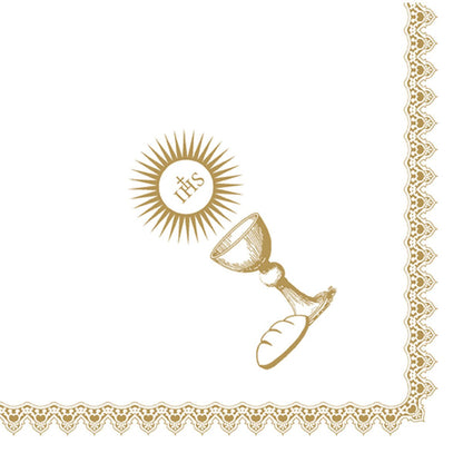 Un calice doré, une hostie avec IHS et du pain sont représentés à côté d'une bordure en dentelle sur fond blanc. Les serviettes Dunisoft 40 x 40 cm 1/4 pli de Duni GmbH sont parfaites pour les occasions spéciales.