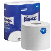 Eine Packung Kleenex® Toilettenpapier der Kimberly-Clark GmbH enthält 6 Packungen mit je 4 weißen Rollen (160 Blatt/Rolle); Premium-Toilettenpapier für höchsten Komfort.