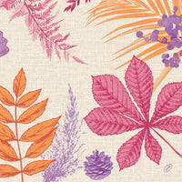 Illustration représentant des feuilles d'automne, des brindilles, des baies et une pomme de pin dans des tons chauds sur un fond beige – idéale pour les serviettes Dunisoft de Duni GmbH (40 x 40 cm), afin de créer une table chaleureuse et respectueuse de l'environnement.
