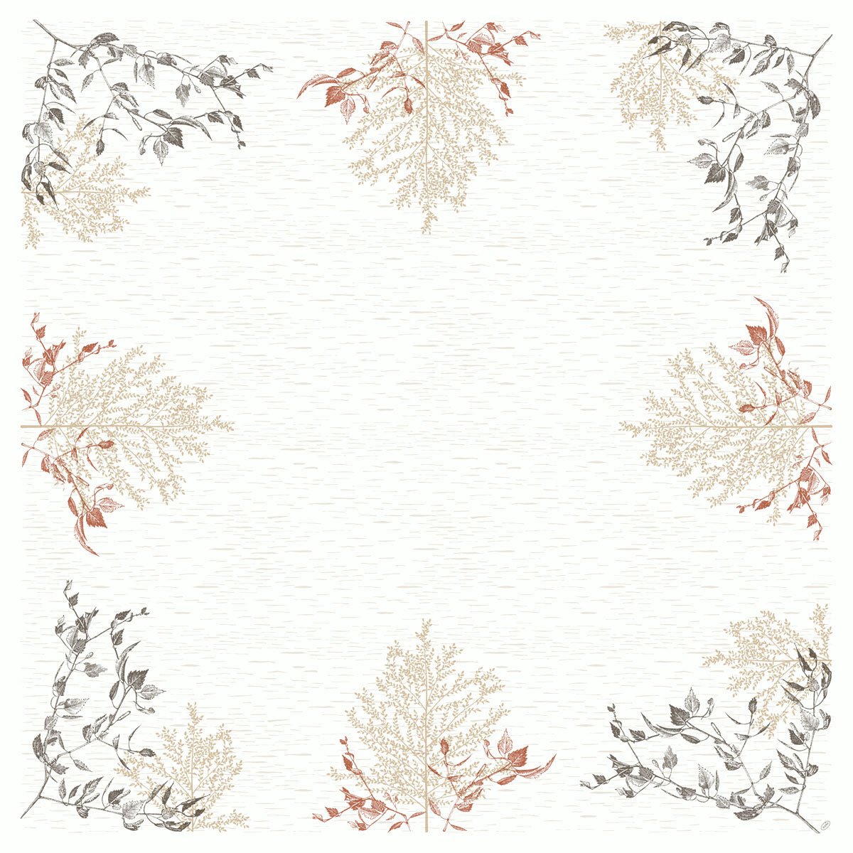 Une bordure carrée avec des motifs botaniques en beige, rouge et gris sur un fond clair et texturé, inspirée de la nappe intermédiaire Bio-Dunicel 84x84 cm - Bois & Nature de Duni GmbH. La zone centrale est vide - idéale pour les produits en bois écologiques.