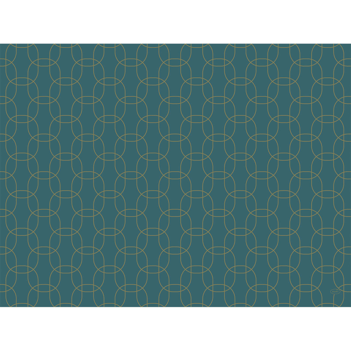 Ein tealfarbener Hintergrund mit dünnen, sich kreuzenden goldenen Kurvenlinien erzeugt ein geometrisches, gitterartiges Muster - perfekt für die Duni GmbH Dunicel-Sets 30x40.