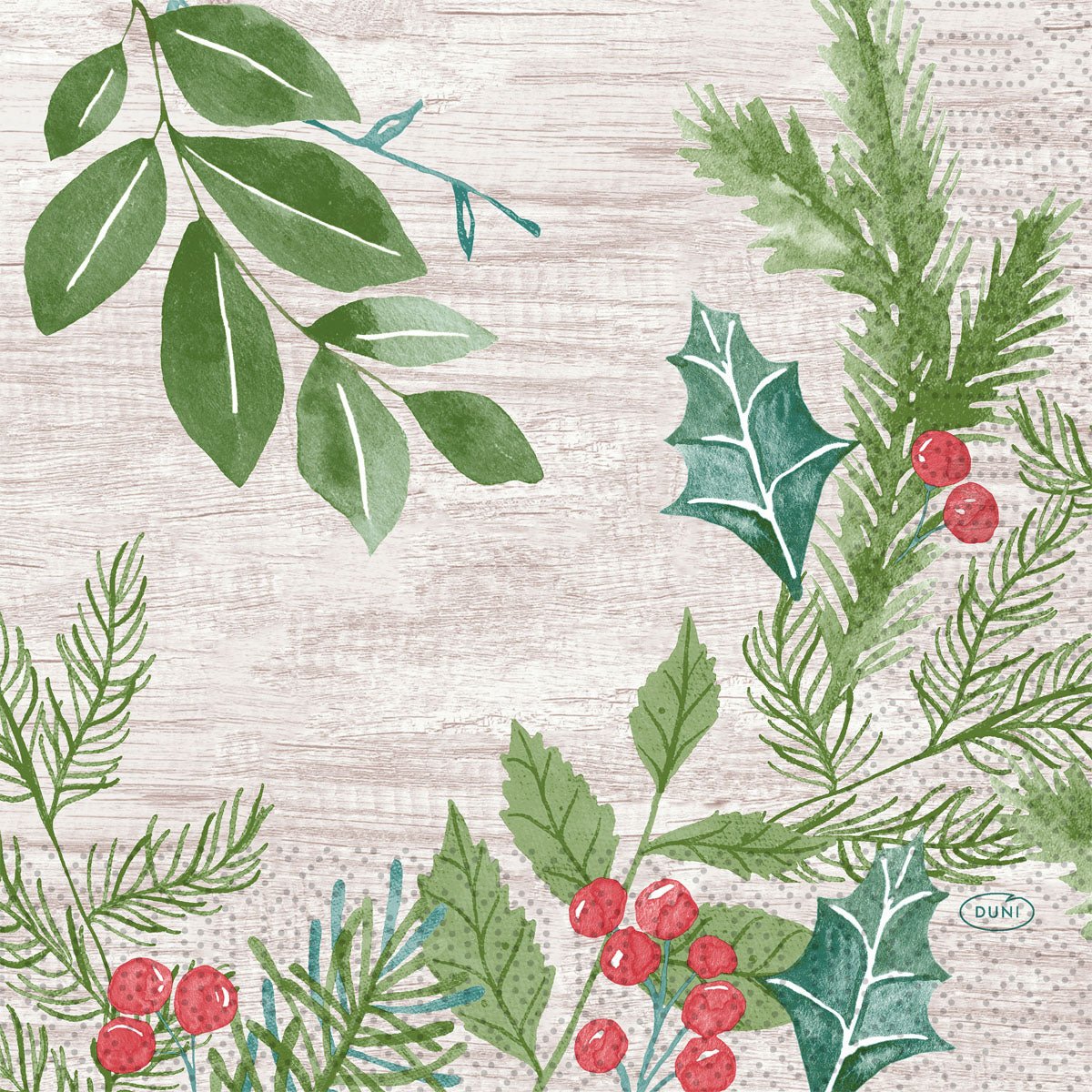Feuillage d'hiver en style aquarelle avec sapin, houx et feuilles sur fond de bois - idéal pour les décorations de table festives. Serviettes 33x33 3-plis 1/4 Winter Greenery de Duni GmbH, paquet (50 pièces).