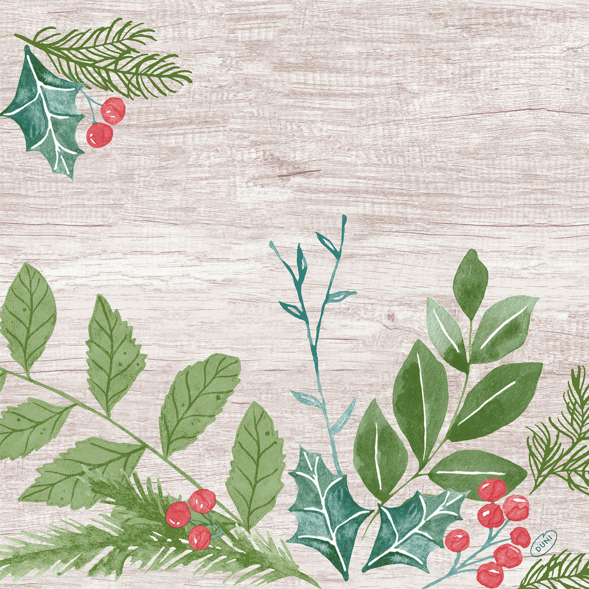 Watercolor Winter Greenery Design mit grünen Stechpalmen, Tannenblättern und roten Beeren in den Ecken auf einem hellen Holzhintergrund. Die Mitte ist leer. Ideal für Servietten 40x40 4-lagig Klassik Winter Greenery von Duni GmbH, Packung (50 Stück).