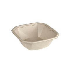Eine braune, sechseckige Octabagasse Schale 900 ml von Duni GmbH aus PBAT/PLA-beschichteter Bagasse (183x183x60 mm), von oben auf weißem Hintergrund - ideal als nachhaltige Verpackung. Verpackung: 50 Stück.
