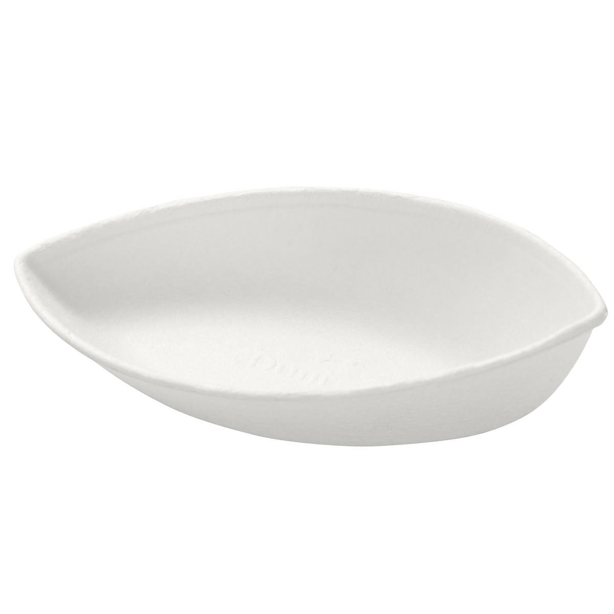 Un simple bol ovale blanc Demo Folio 30 ml en bagasse non enduite (89x51x25 mm) de Duni GmbH est présenté comme un emballage respectueux de l'environnement. Paquet de 40 pièces.