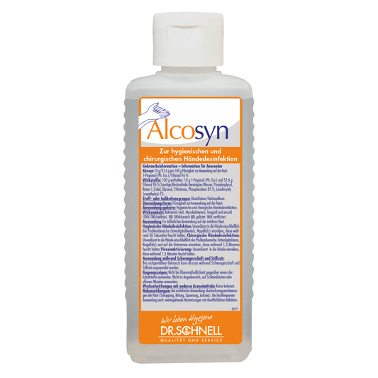 Die durchsichtige Kunststoffflasche der Dr. Schnell ALCOSYN Händedesinfektion der DR.SCHNELL GmbH & Co. KGaA mit weißem Verschluss und deutschem Etikett mit Produktinformation, Gebrauchsanweisung und Logo zur schonenden Händedesinfektion.