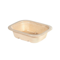 Un plateau rectangulaire beige « Tray Side Dish Fibre 1-Comp 37 mm Natur Coated Bagasse » (140 x 116 x 37 mm) de la société Duni GmbH, fabriqué à partir de fibres moulées compostables, présenté vide sur fond blanc. Conditionnement : 340 pièces.